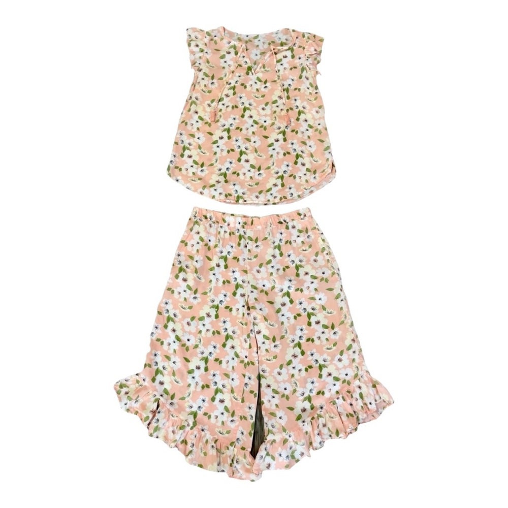 Vintage Gilligan & O Malley Pajama Set Sz S Peach Floral Ruffle Coquette cottage